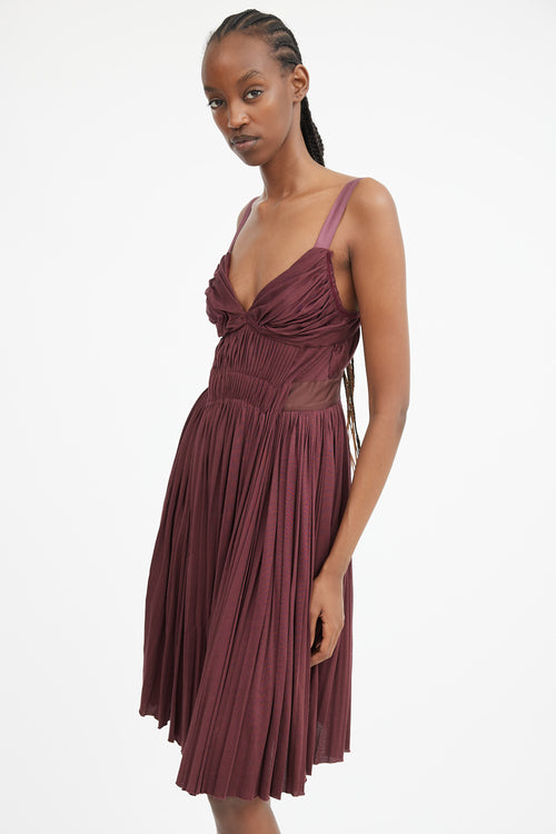 Burgundy Gathered & Pleated Midi Dress