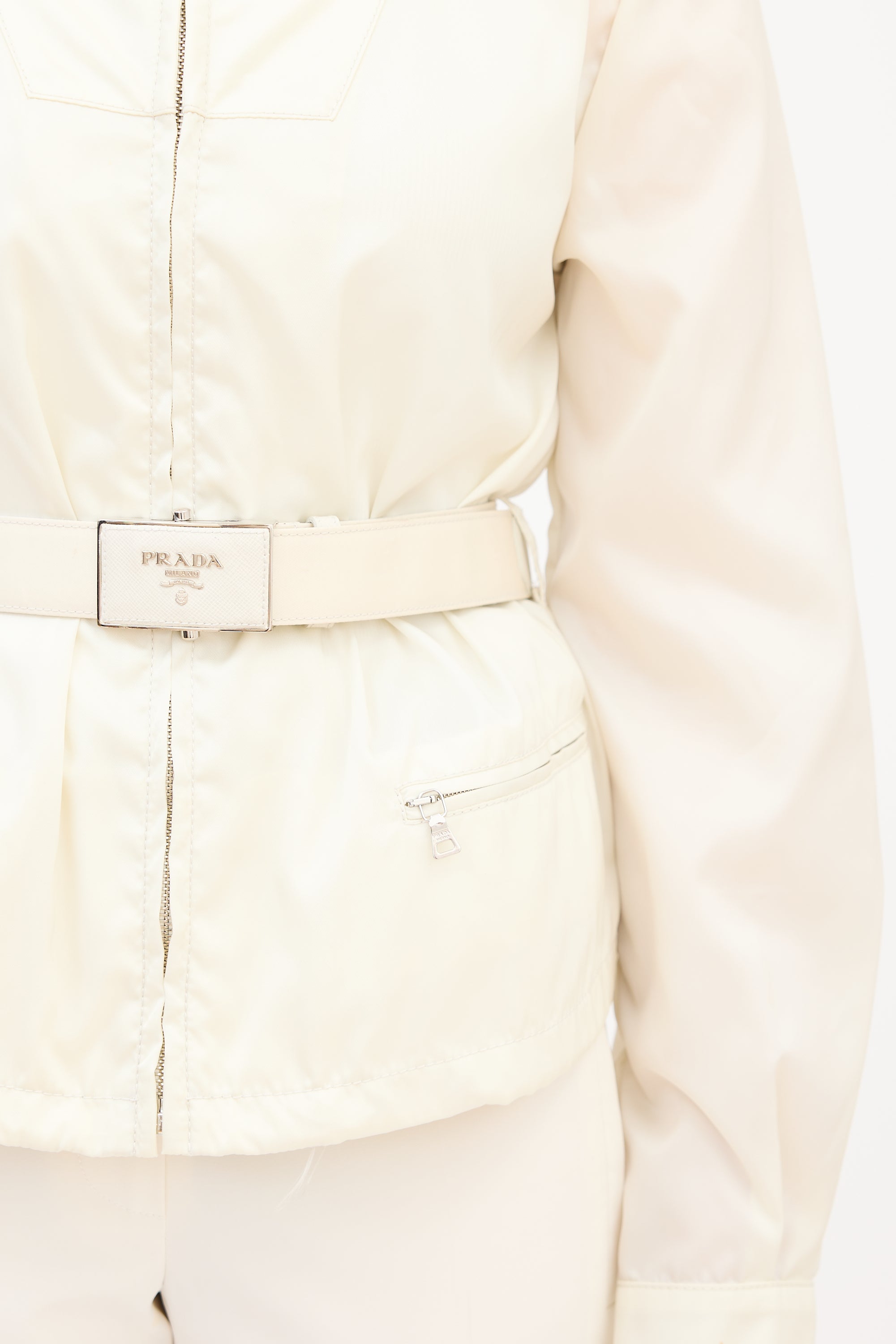 Prada Cream Nylon Belted Zip Jacket