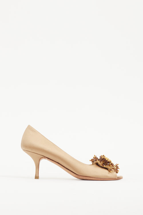 Prada Gold & Brown Bead Cluster Satin Heel