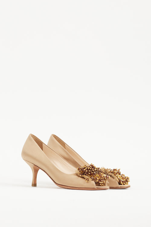 Prada Gold & Brown Bead Cluster Satin Heel