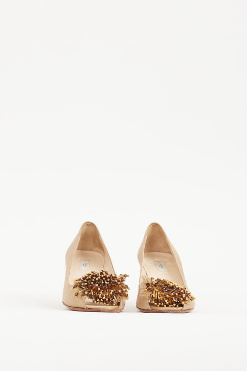 Prada Gold & Brown Bead Cluster Satin Heel