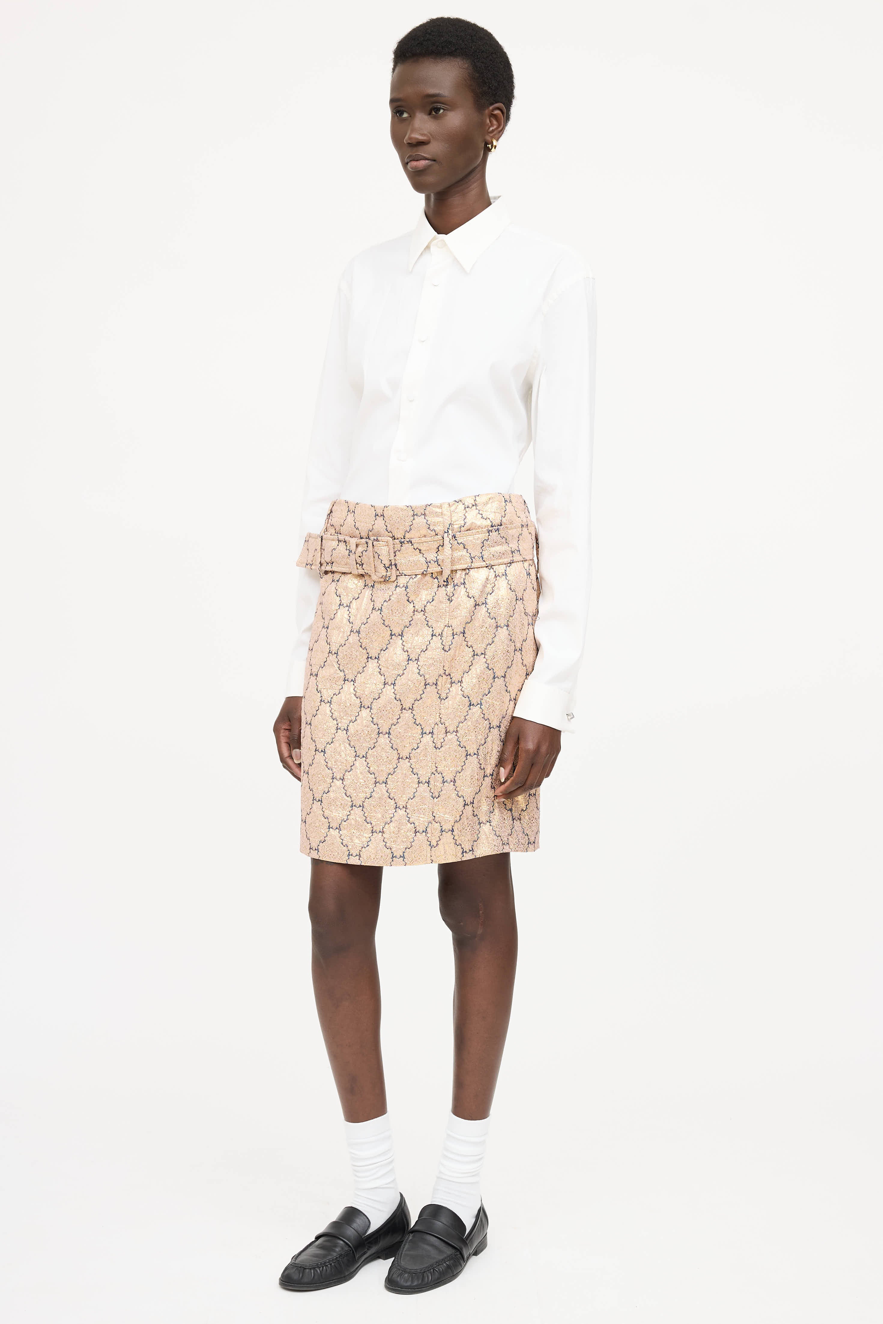 Prada Metallic Brocade Belted Skirt
