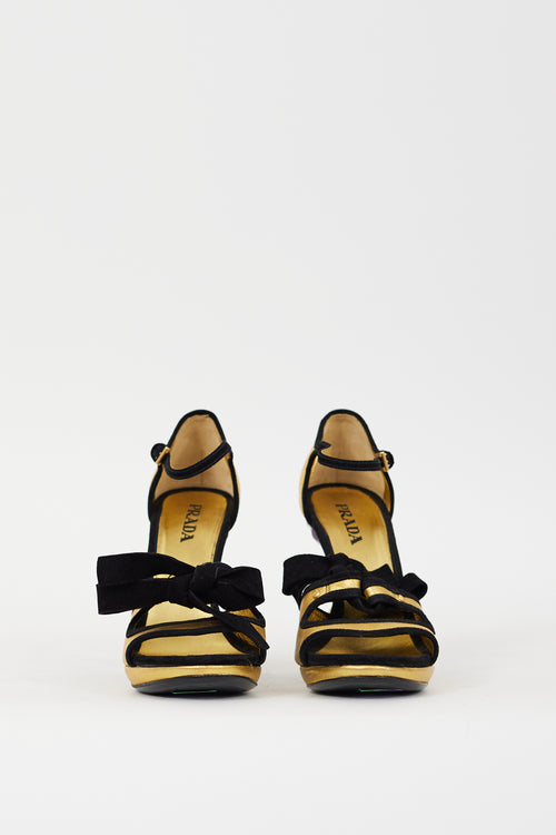 Prada Gold & Black Leather & Suede Floral Heel