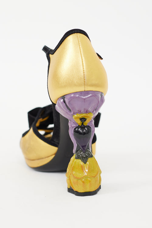 Prada Gold & Black Leather & Suede Floral Heel