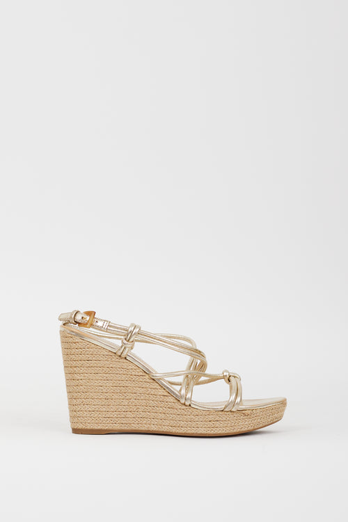 Prada Sport Gold Leather & Espadrille Wedge Sandal