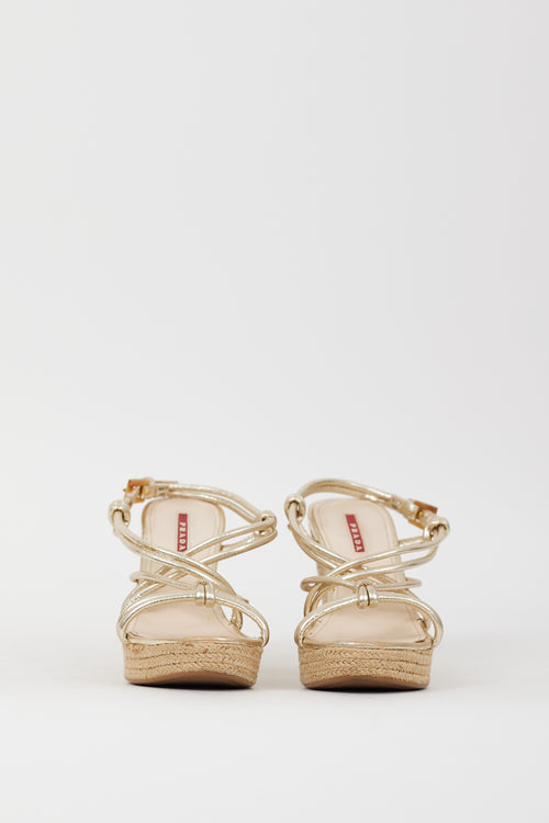 Prada Sport Gold Leather & Espadrille Wedge Sandal