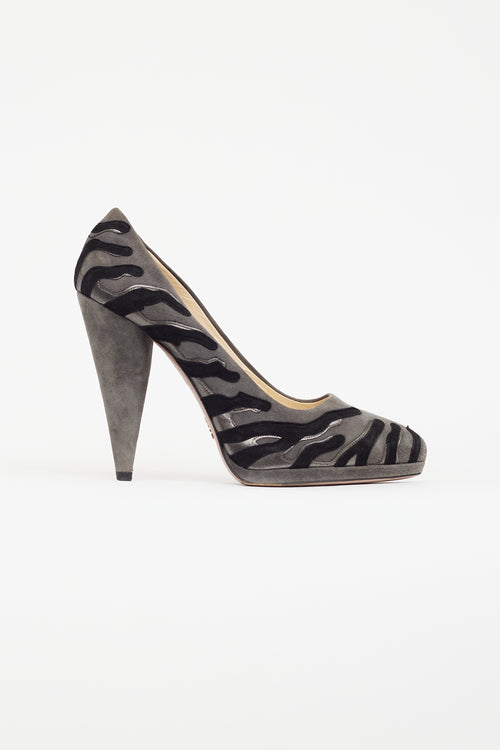 Prada Grey & Black Suede Abstract Pump