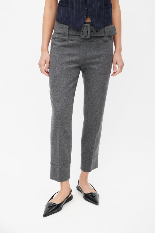 Prada Grey Wool Belted Slim Trouser