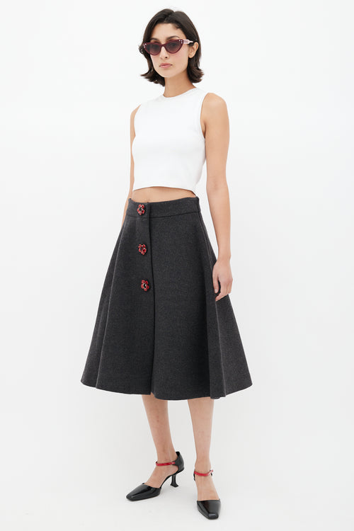 Miu Miu Grey & Red Wool Floral Skirt