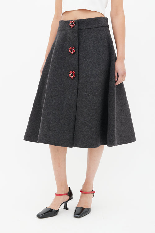 Miu Miu Grey & Red Wool Floral Skirt