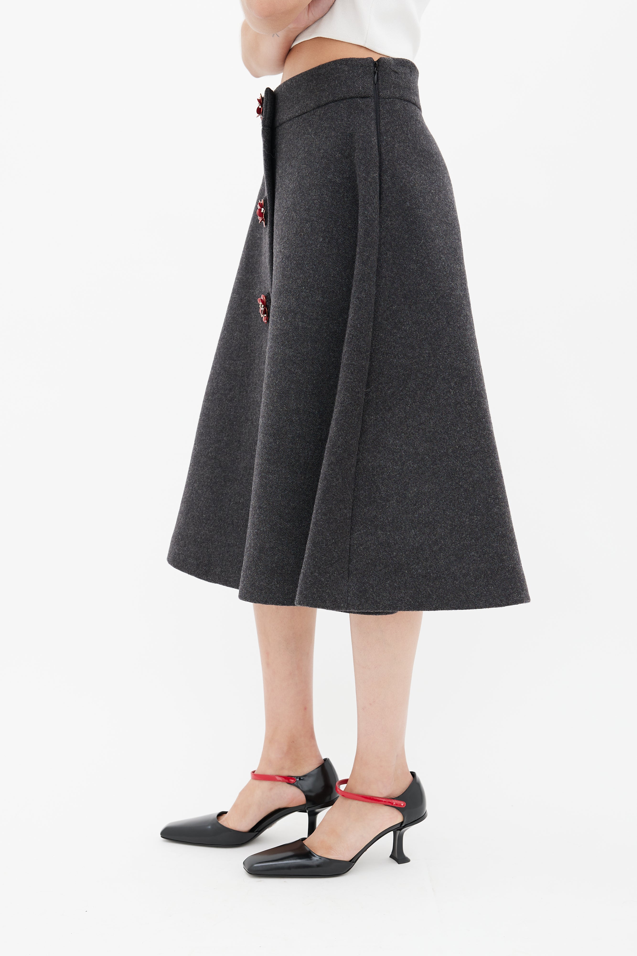 Miu Miu Grey & Red Wool Floral Skirt