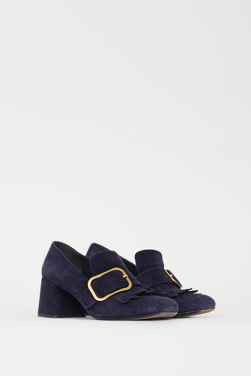 Prada Navy Suede & Gold Buckle Pump