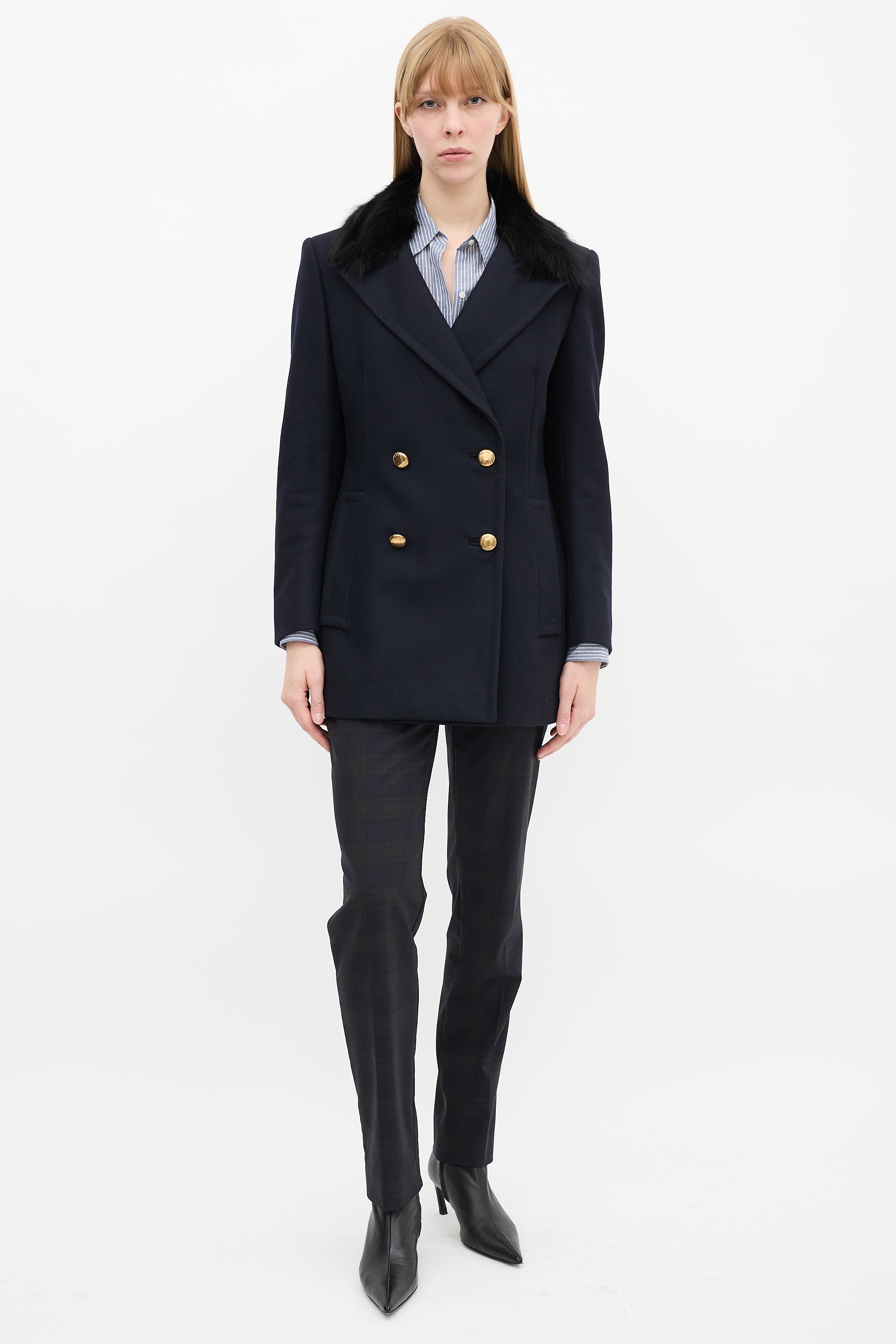 Prada Navy Wool & Nylon Fur Collar Pea Coat