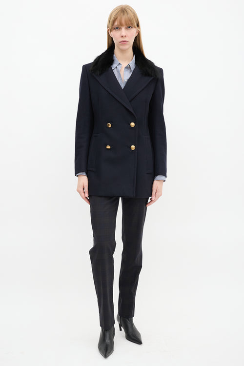 Prada Navy Wool & Nylon Fur Collar Pea Coat