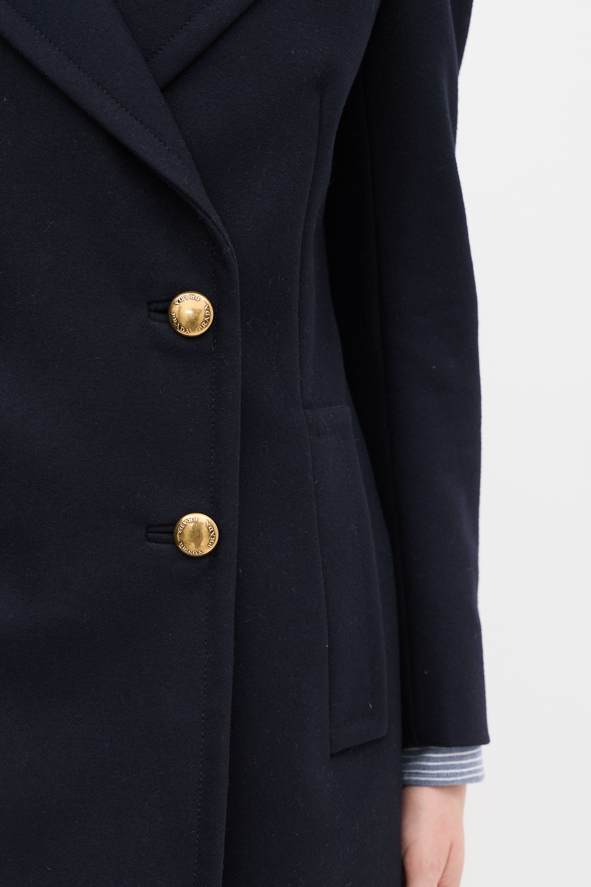 Prada Navy Wool & Nylon Fur Collar Pea Coat