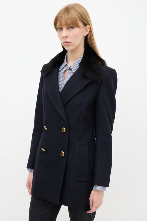 Prada Navy Wool & Nylon Fur Collar Pea Coat