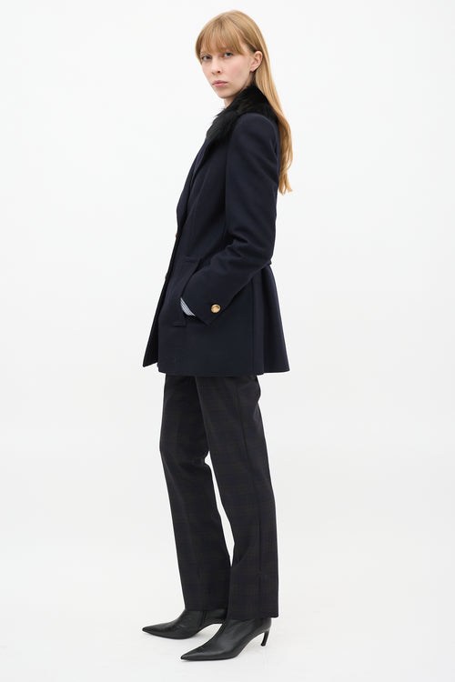 Prada Navy Wool & Nylon Fur Collar Pea Coat