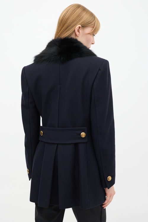 Prada Navy Wool & Nylon Fur Collar Pea Coat