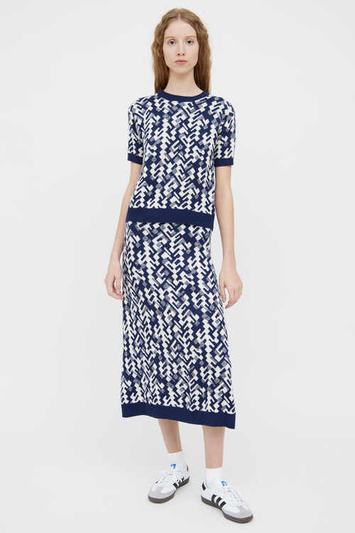 Prada Navy & White Wool Blend Short Sleeve Top