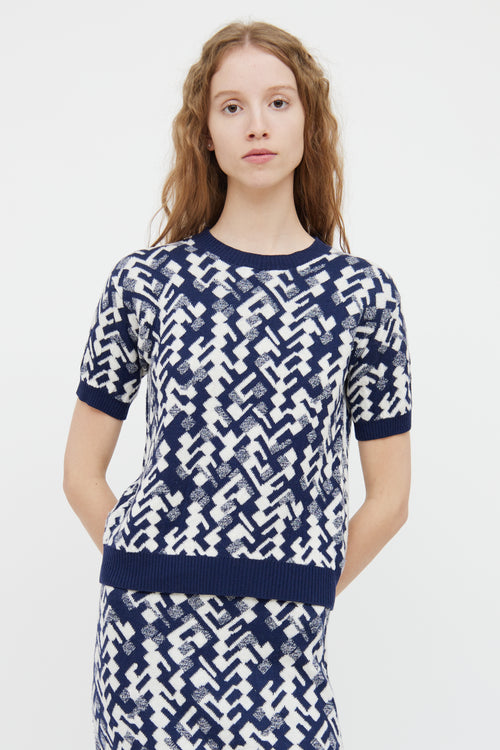 Prada Navy & White Wool Blend Short Sleeve Top