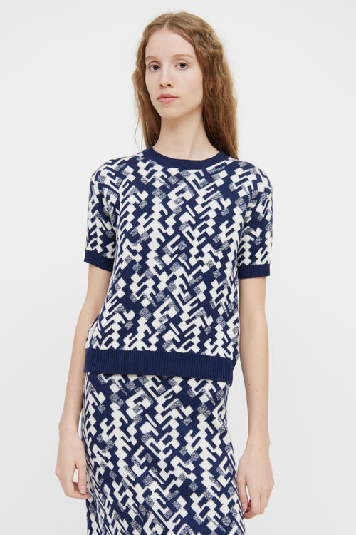 Prada Navy & White Wool Blend Short Sleeve Top