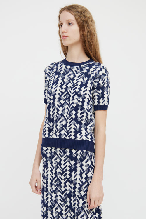 Prada Navy & White Wool Blend Short Sleeve Top