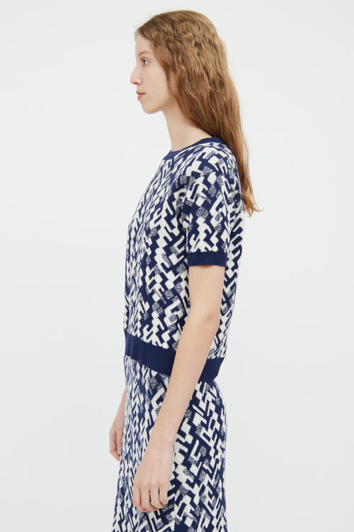 Prada Navy & White Wool Blend Short Sleeve Top
