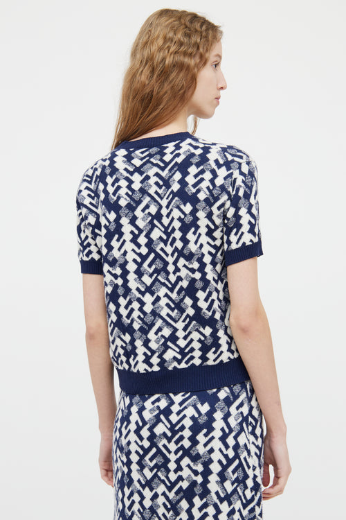 Prada Navy & White Wool Blend Short Sleeve Top