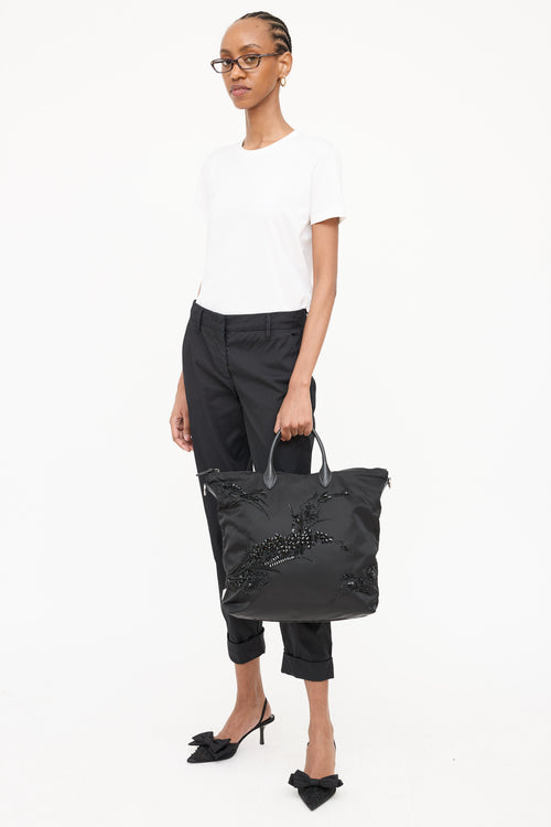 Prada Nylon Ricamo Floral Beaded Tote