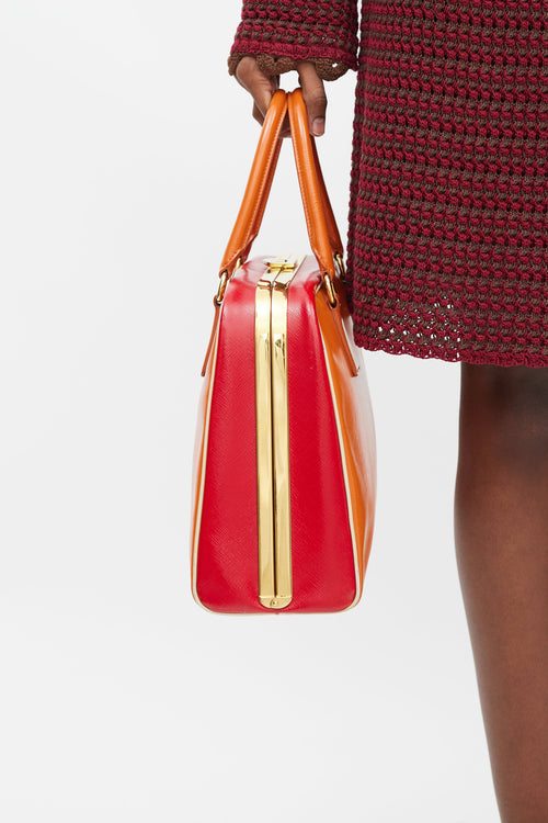 Prada Orange & Red Saffiano Vernice Pyramid Frame Bag