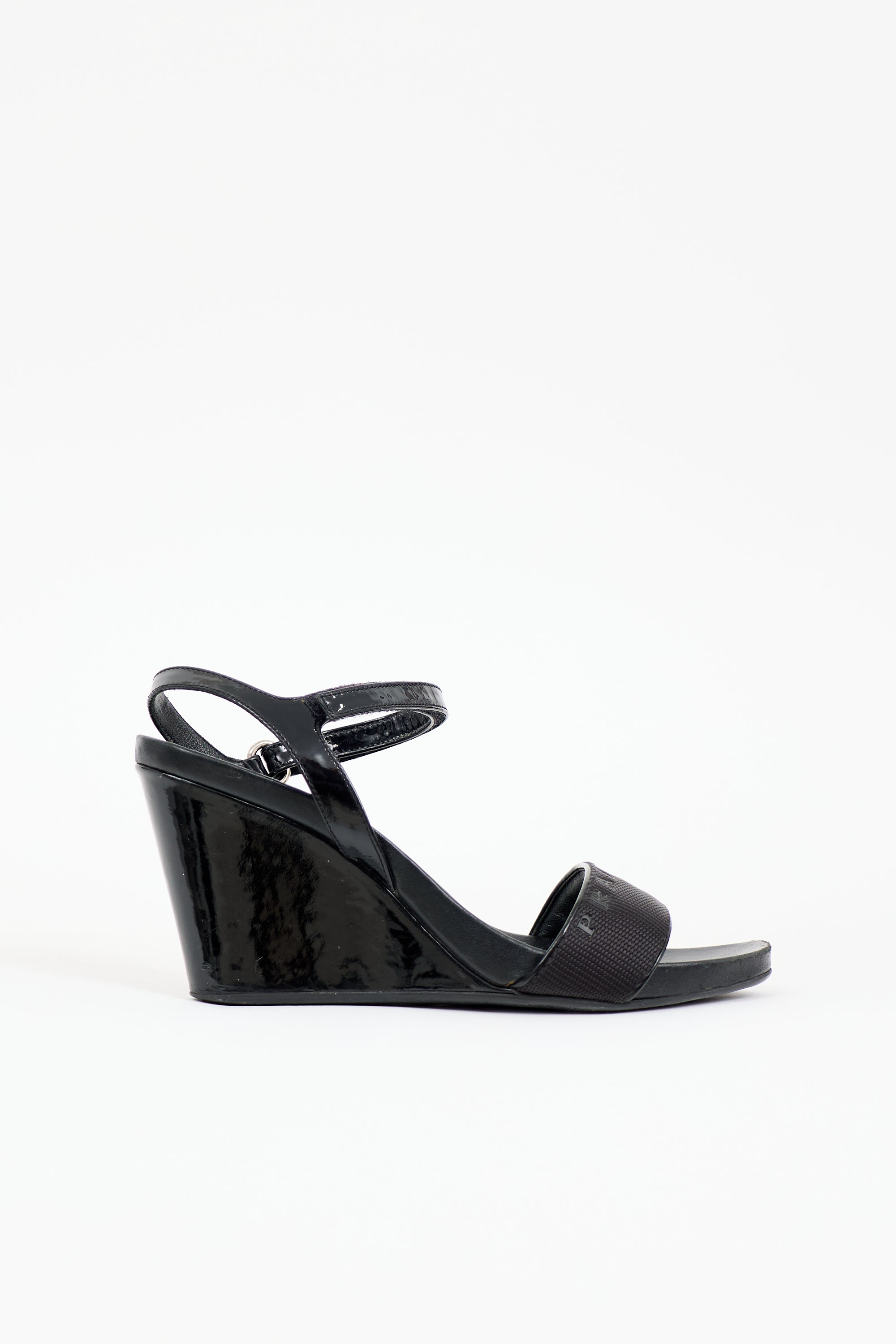 Prada Patent Logo Wedge Sandal