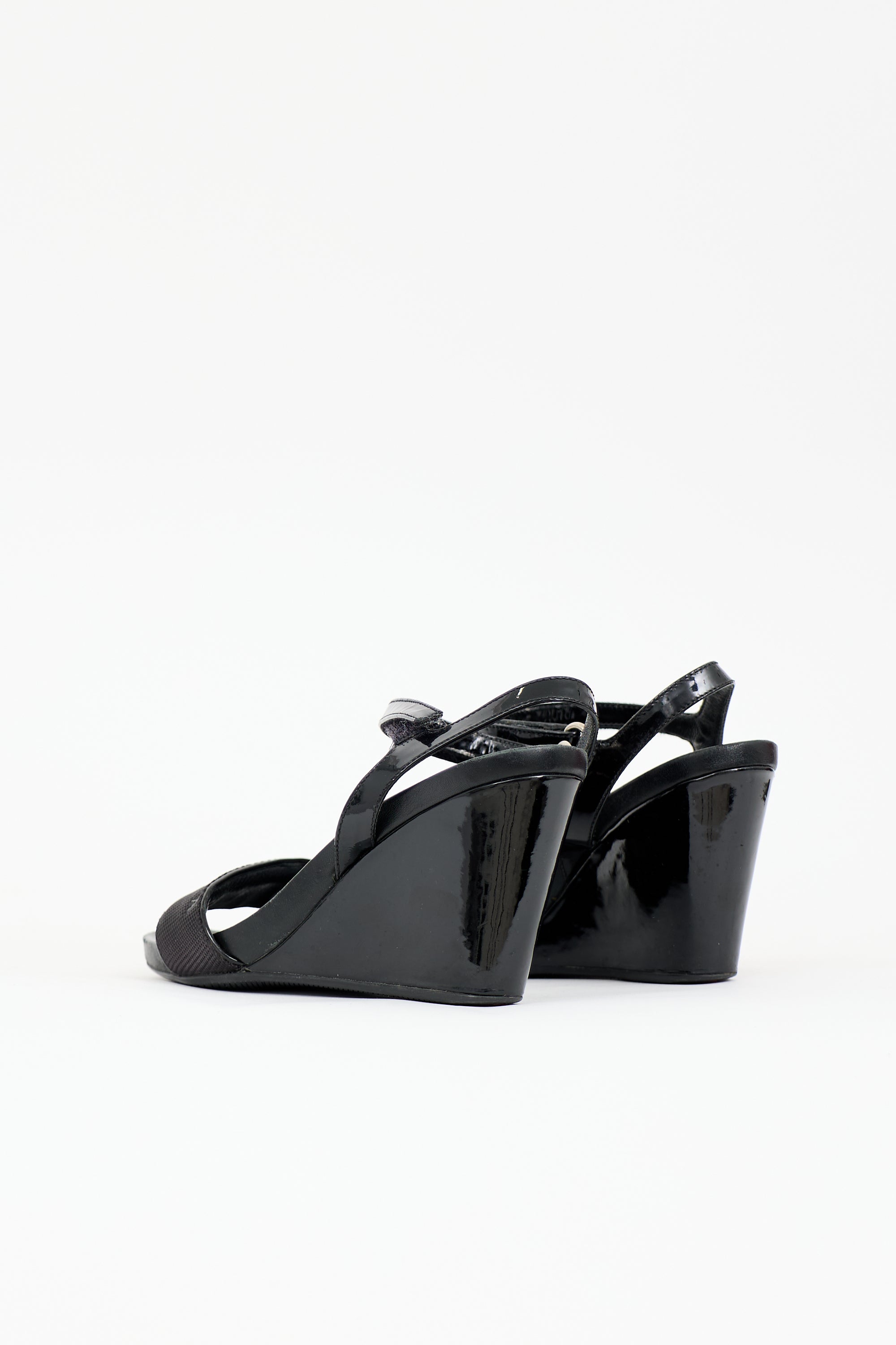 Prada Patent Logo Wedge Sandal