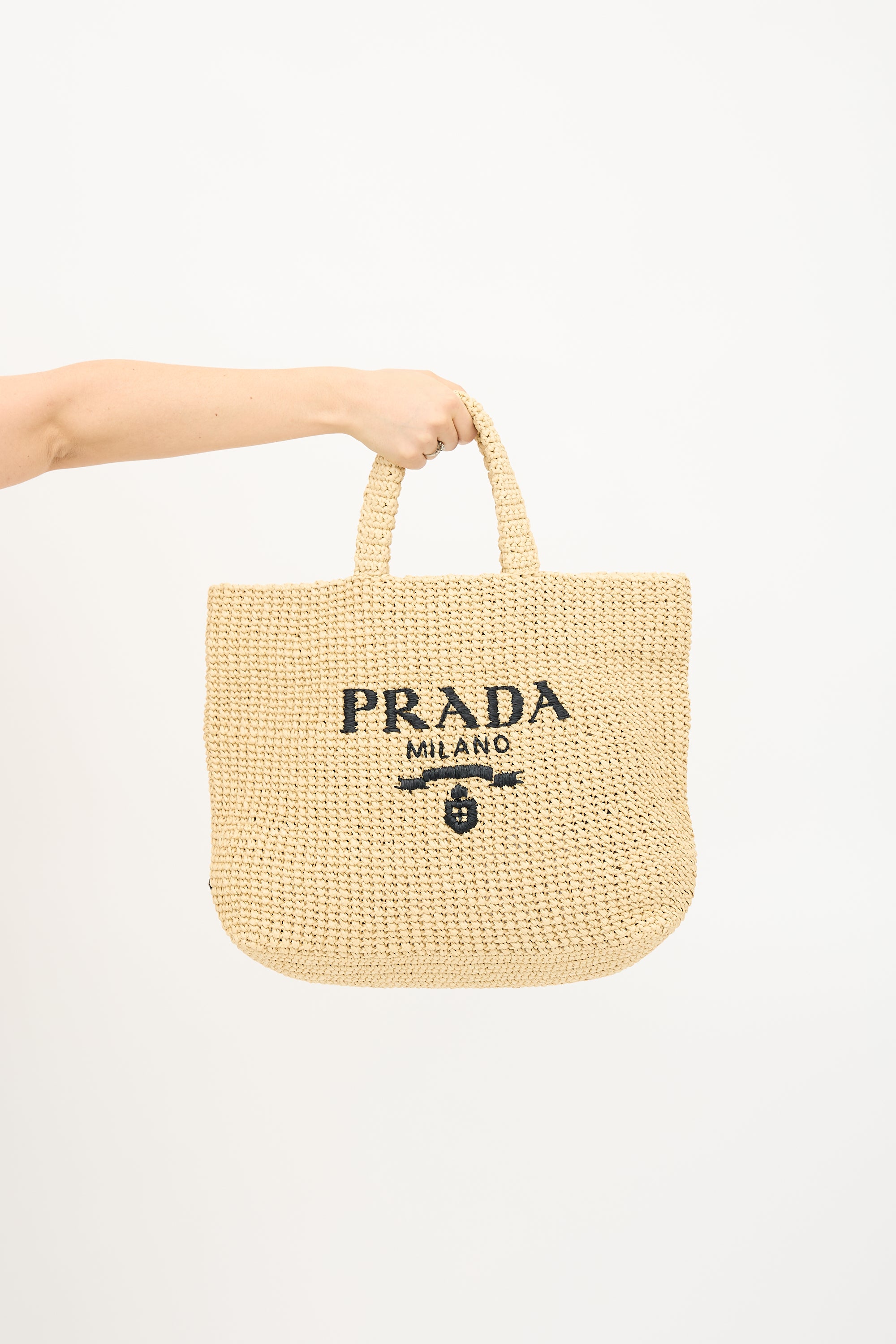 Prada Raffia Crochet Logo Tote Bag