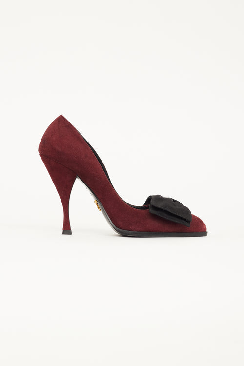 Prada Burgundy Suede & Black Velvet Bow Pump