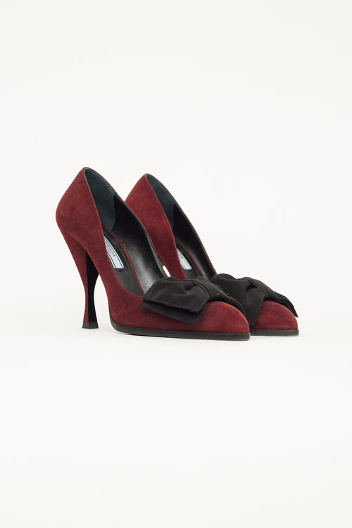 Prada Burgundy Suede & Black Velvet Bow Pump