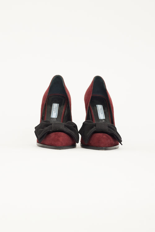 Prada Burgundy Suede & Black Velvet Bow Pump