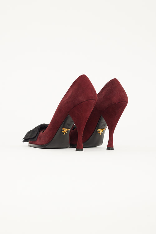 Prada Burgundy Suede & Black Velvet Bow Pump