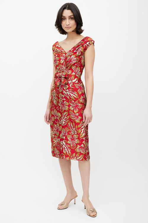 Prada Red & Gold Floral Jacquard Bowtie Dress