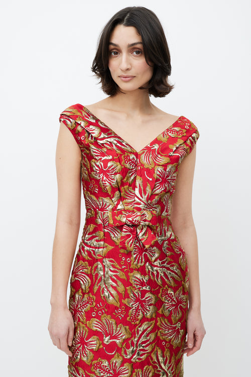 Prada Red & Gold Floral Jacquard Bowtie Dress