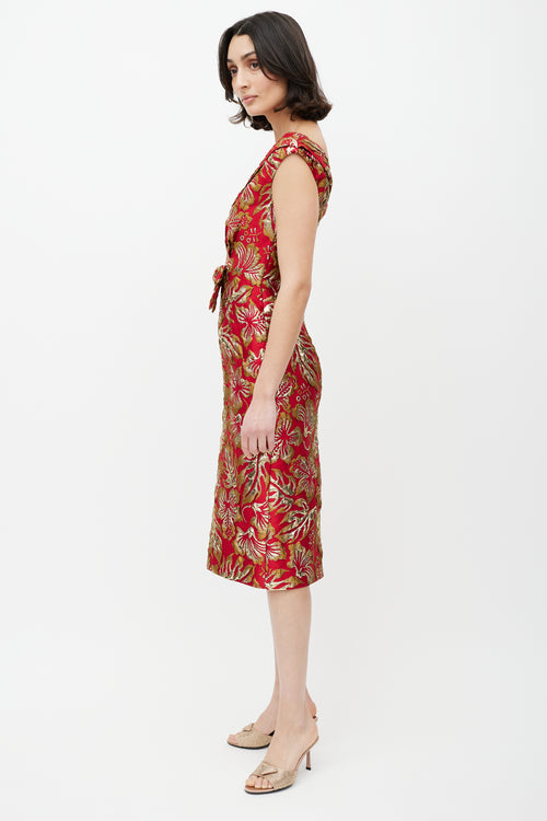 Prada Red & Gold Floral Jacquard Bowtie Dress