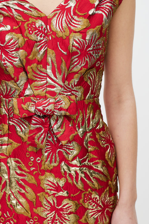 Prada Red & Gold Floral Jacquard Bowtie Dress