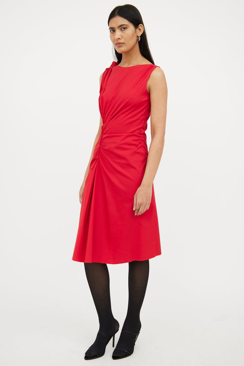 Prada Red Asymetrical Gathered Midi Dress