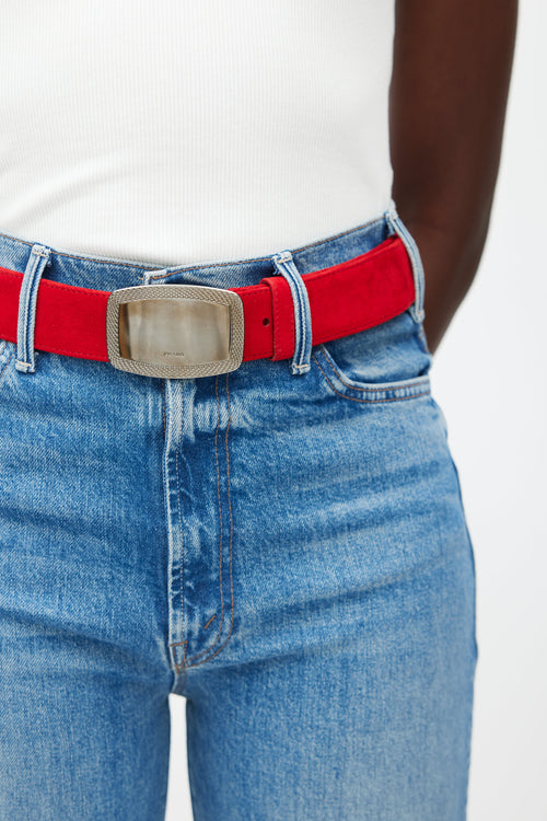 Prada Red & Silver Plate Buckle Suede Belt