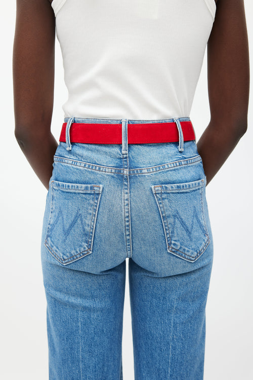 Prada Red & Silver Plate Buckle Suede Belt