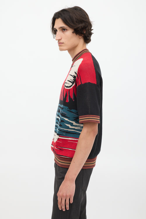 Prada SS 2014 Red & Multicolour Jacquard Short Sleeve Sweater