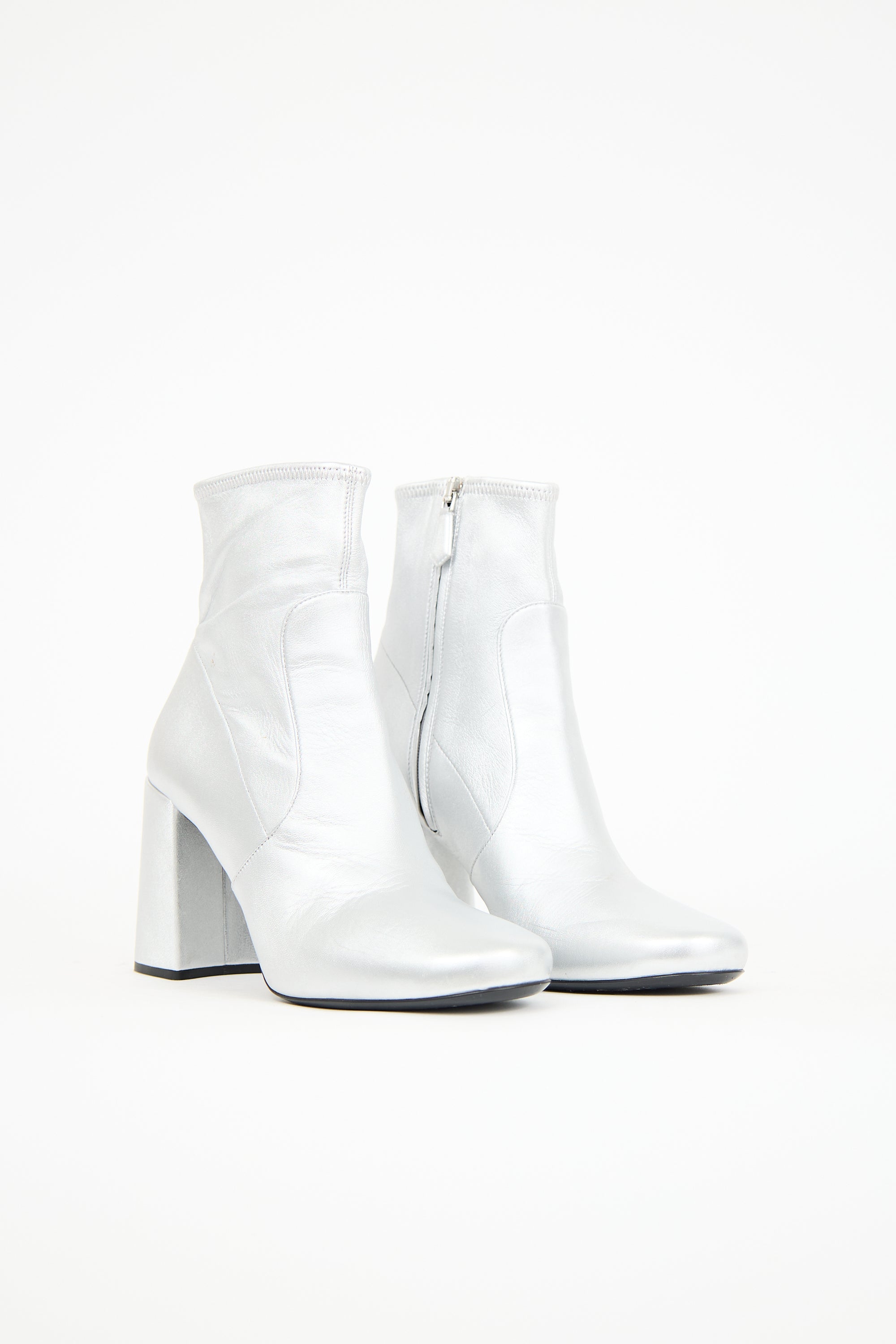 Prada Silver Leather Heeled Ankle Boot
