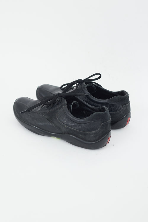 Prada Sport Black Leather & Suede Lace Up Sneaker