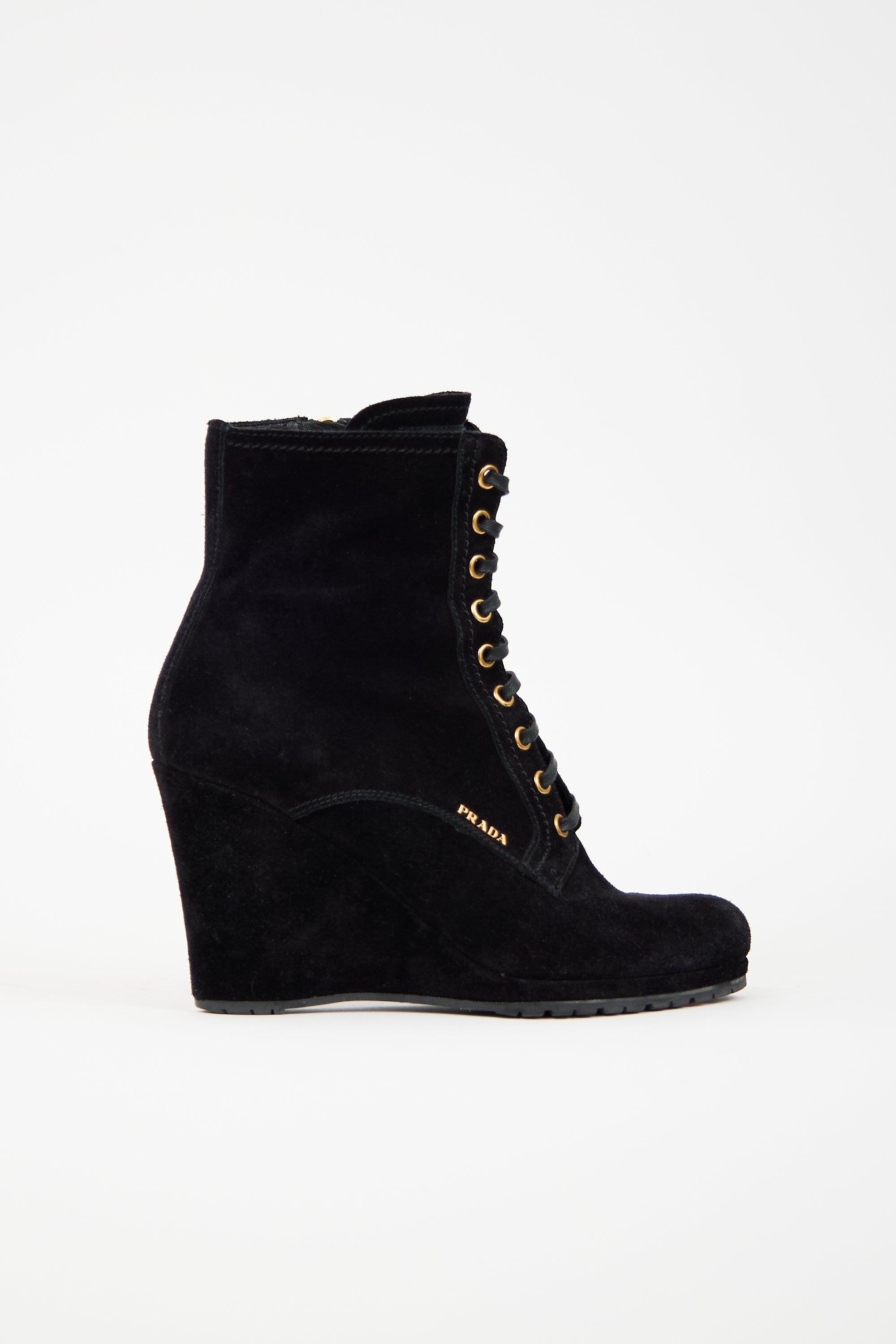 Prada Suede Lace Up Wedge Boot