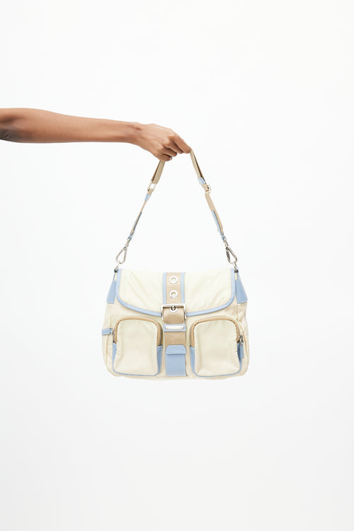 Prada Vintage Beige & Blue Nylon Shoulder Bag