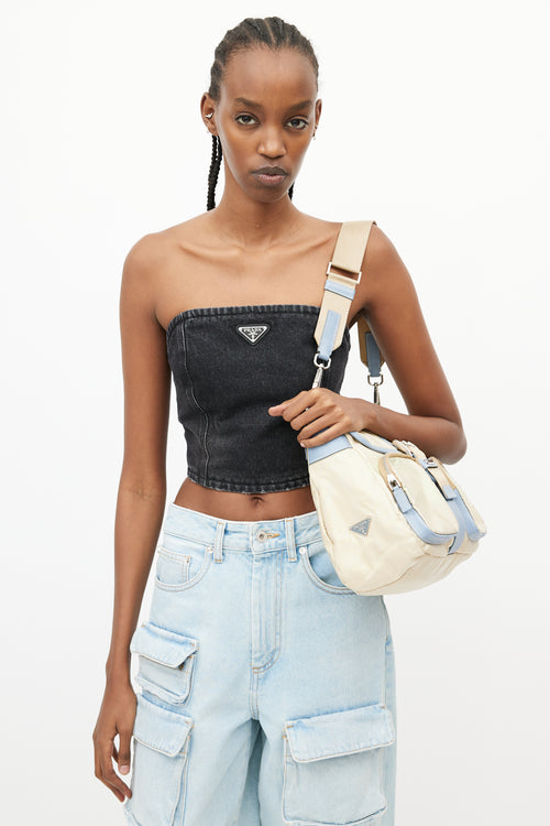 Prada Vintage Beige & Blue Nylon Shoulder Bag